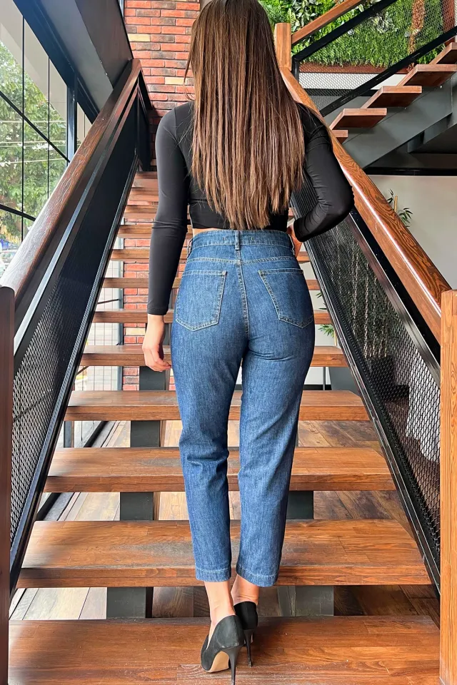 Modern Tasarım Bel Ve Paça Çıtçıt Detaylı Yüksek Bel Jean Kot Pantolon Lacivert