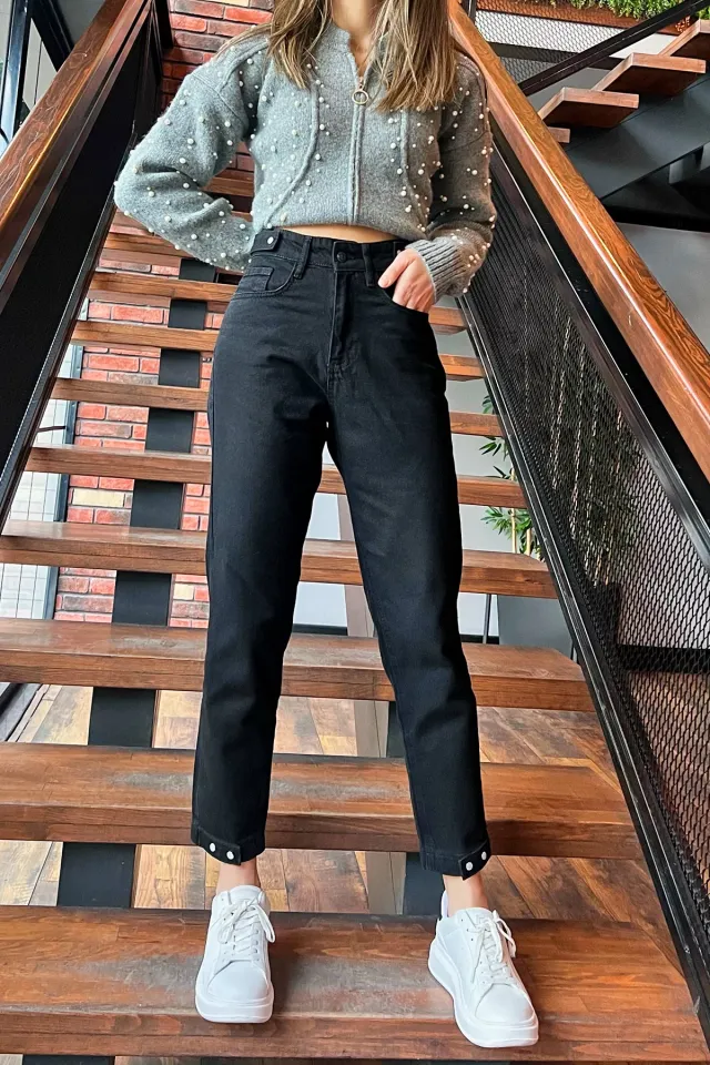 Modern Tasarım Bel Ve Paça Çıtçıt Detaylı Yüksek Bel Jean Kot Pantolon Siyah