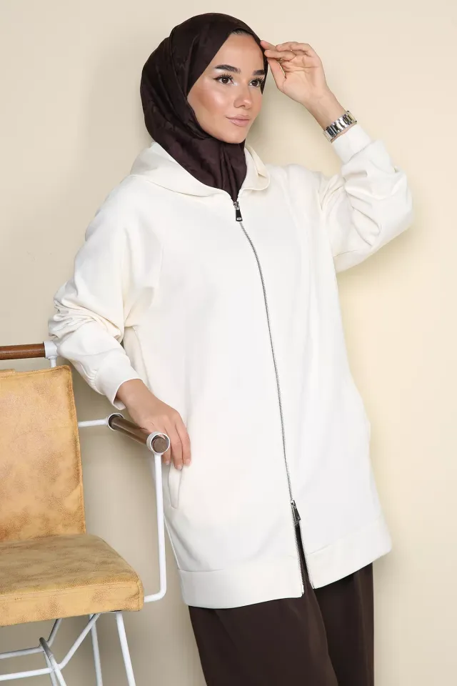 Modern Tasarım Kapüşonlu Tesettür Sweat Ceket Krem
