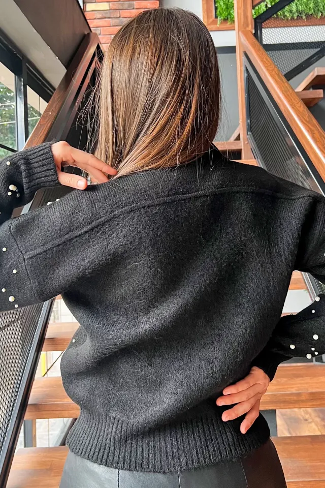 Modern Tasarımlı İnci Baskılı Fermuarlı Kadın Ceket Hırka Siyah