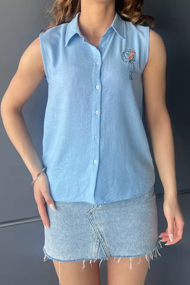 Nakış Detaylı Japone Kol Kadın Yazlık Gömlek Mavi