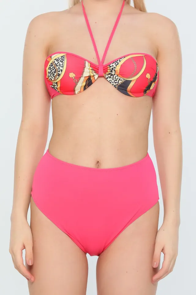 Kadın Likralı Süper Yüksek Bel Boyundan Bağlamalı Hafif Destekli Desenli Bikini Takım Nar Çiçeği