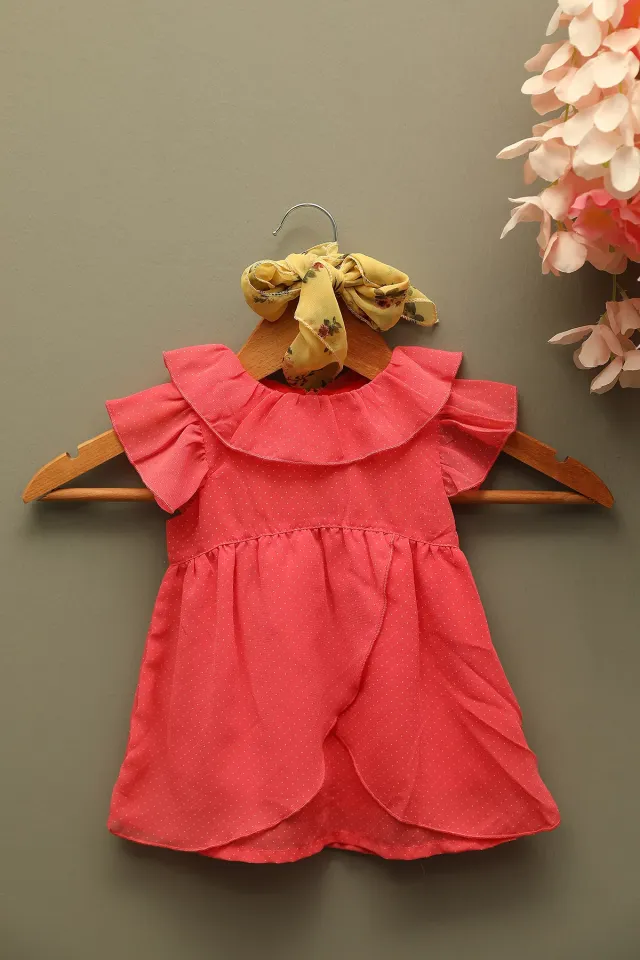 Kız Bebek Astarlı Bebe Yaka Puantiyeli Şifon Elbise Nar Çiçeği