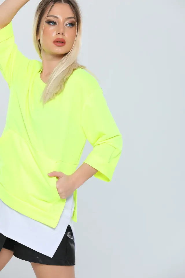 Kadın Likralı Bisiklet Yaka Eteği Parçalı Sweatshirt Neon Sarı