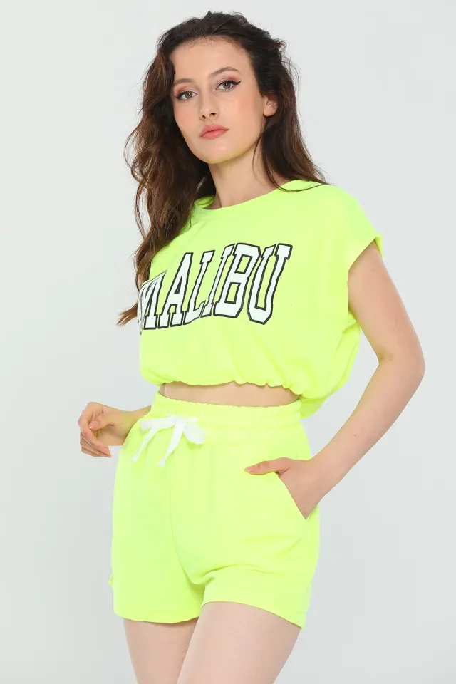 Kadın Likralı Sıfır Kol Baskılı T-shirt Şort Alt Üst İkili Takım Neon Sarı