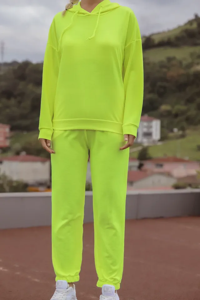 Kadın Likralı Kapüşonlu Yaka İpli Eşofman Takımı Neon Sarı