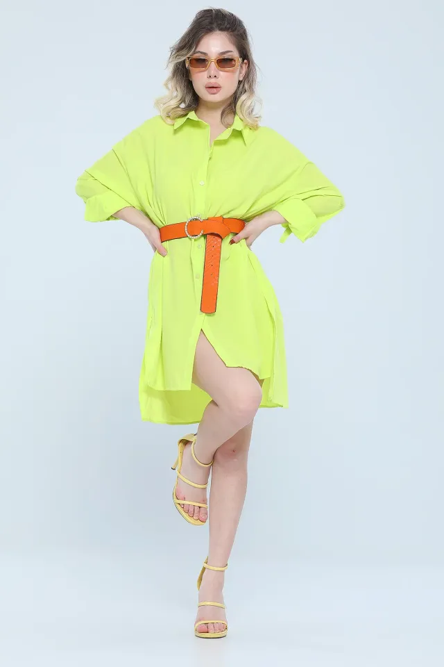 Kadın Oversize Yan Yırtmaçlı Gömlek Tunik Neon Yeşil