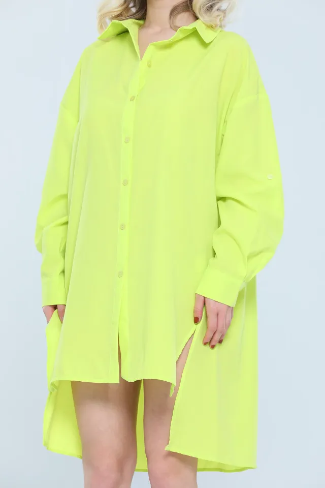 Kadın Oversize Yan Yırtmaçlı Gömlek Tunik Neon Yeşil