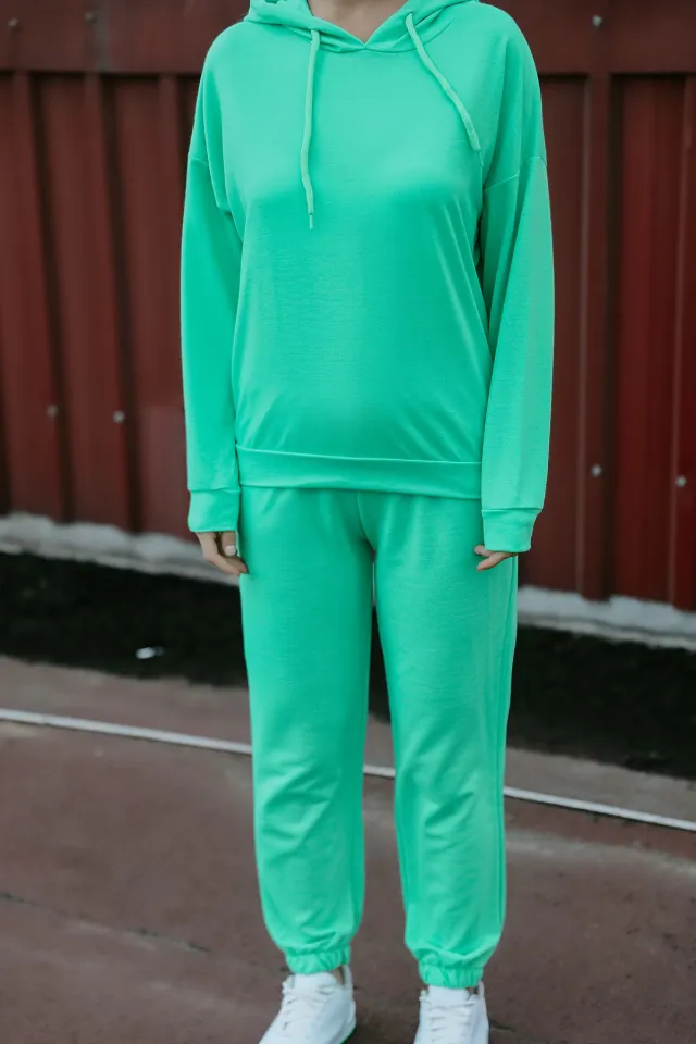 Kadın Likralı Kapüşonlu Yaka İpli Eşofman Takımı Neon Yeşil