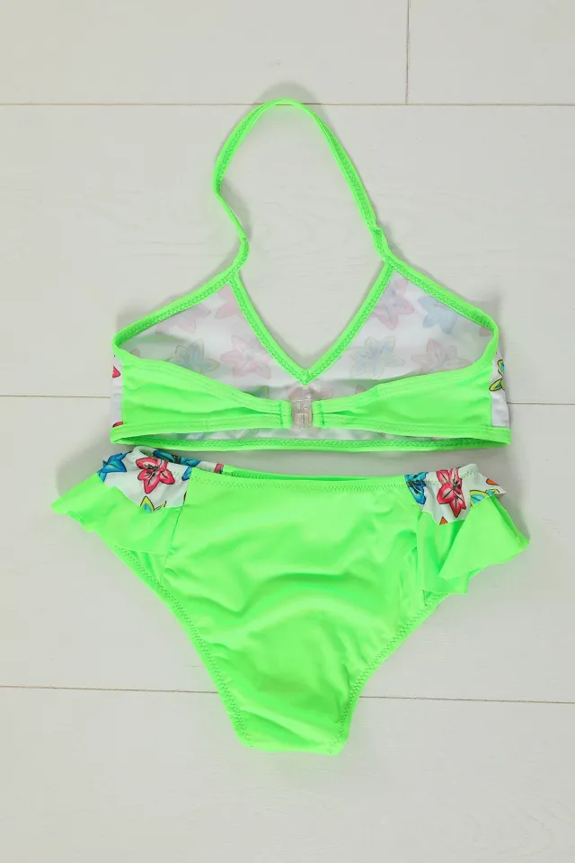 Kız Çocuk Üçgen Kesim Baskılı Bikini Takım Neon Yeşil