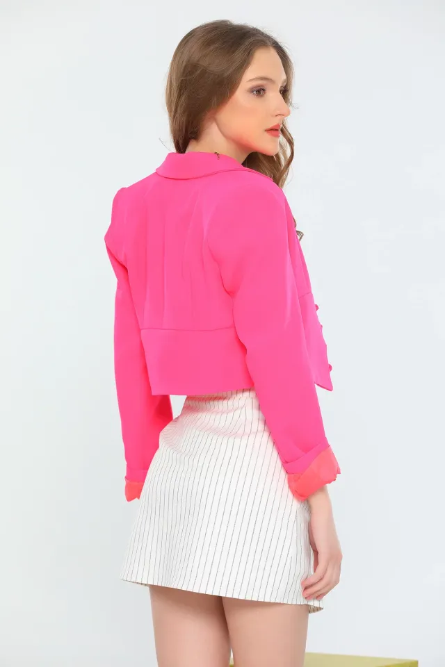 Kadın Kruvaze Yaka İç Astarlı Crop Blazer Ceket Neonpembe