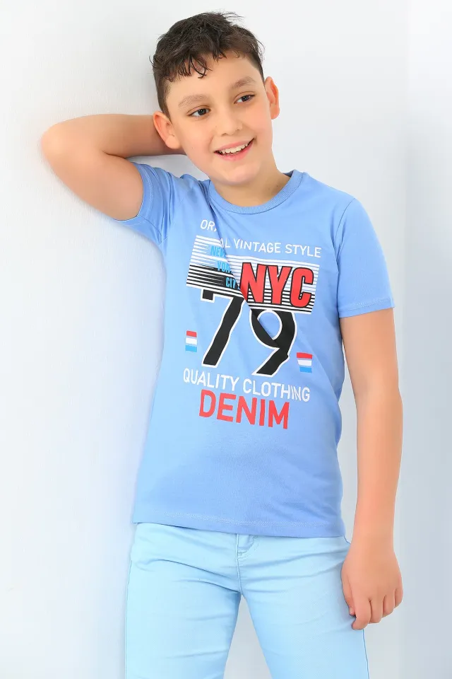 Erkek Çocuk Likralı Baskılı T-shirt Mavi