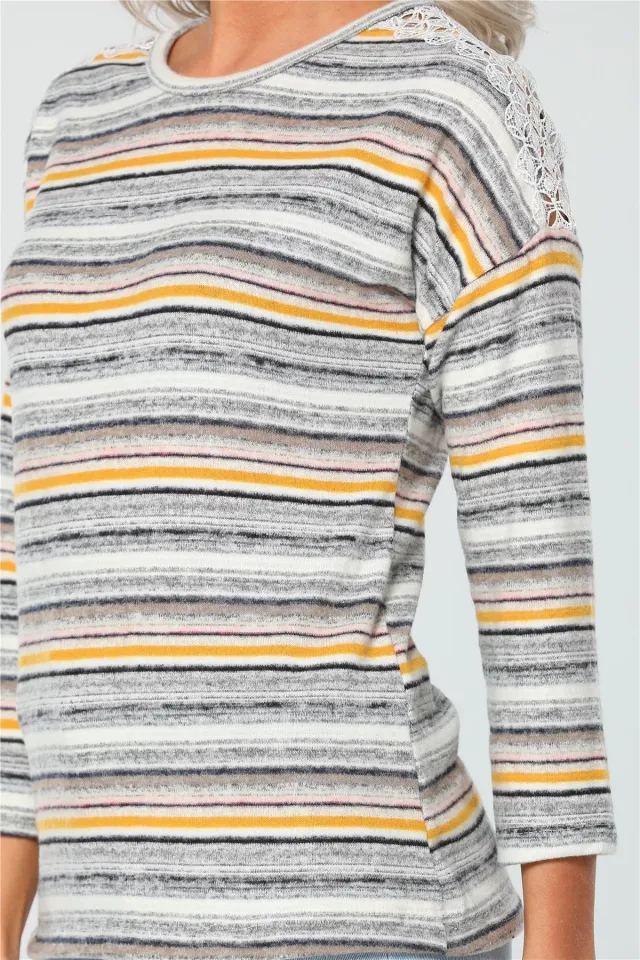 Omuz Dantel Detaylı Renk Bloklu Kadın Yumoş Bluz Hardalgri