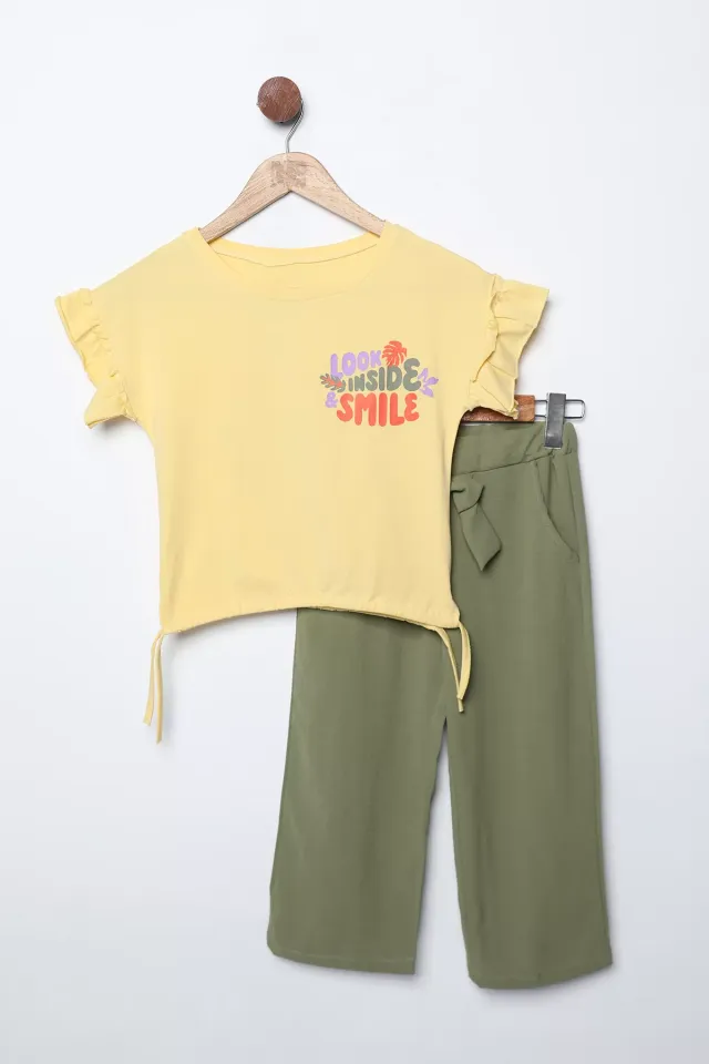 Omuz Fırfırlı Baskılı Kız Çocuk Bluz Pantolon İkili Takım Sarı