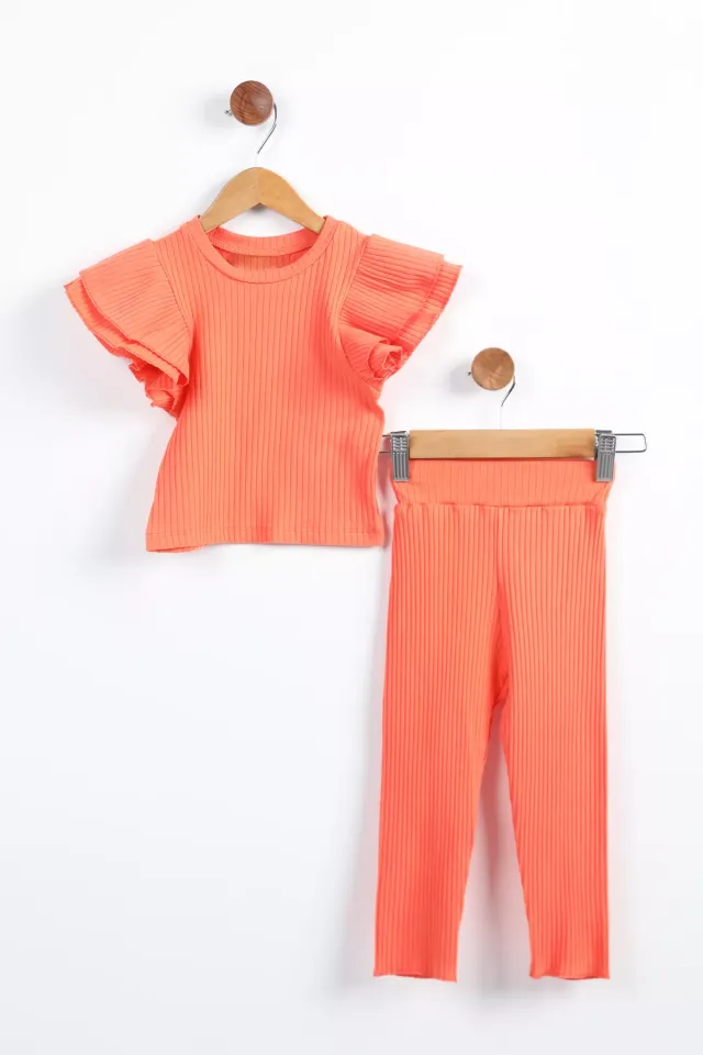 Omuz Fırfırlı Kendinden Çizgi Desenli Kız Çocuk Tayt Bluz İkili Takım Açık Orange