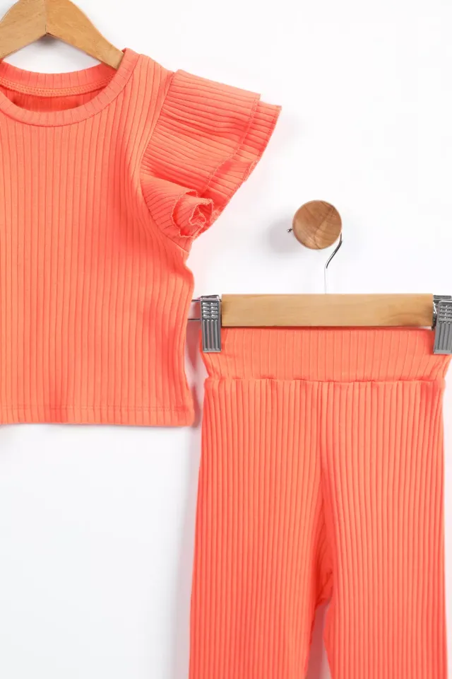 Omuz Fırfırlı Kendinden Çizgi Desenli Kız Çocuk Tayt Bluz İkili Takım Açık Orange