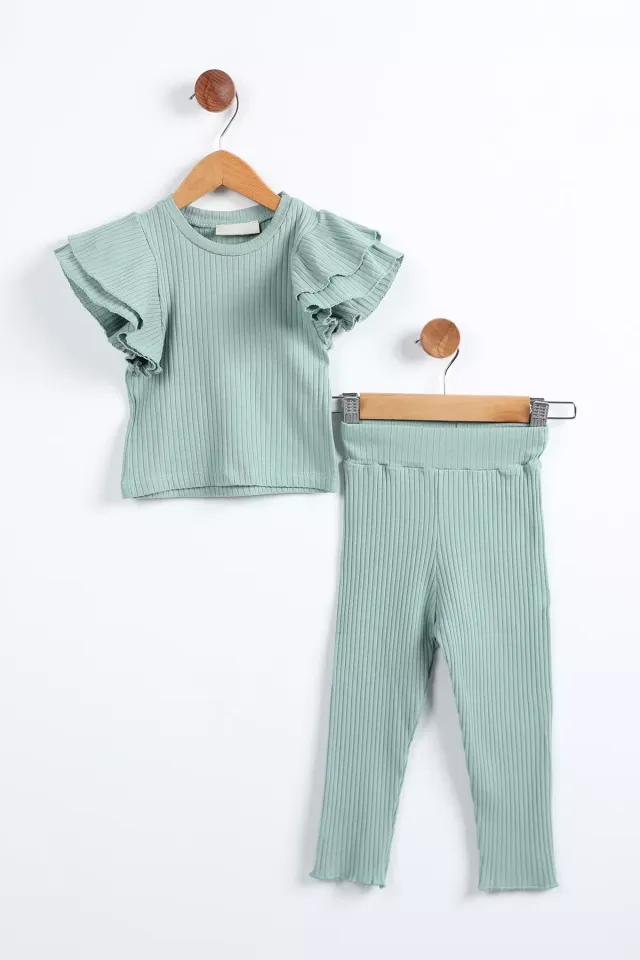 Omuz Fırfırlı Kendinden Çizgi Desenli Kız Çocuk Tayt Bluz İkili Takım Mint