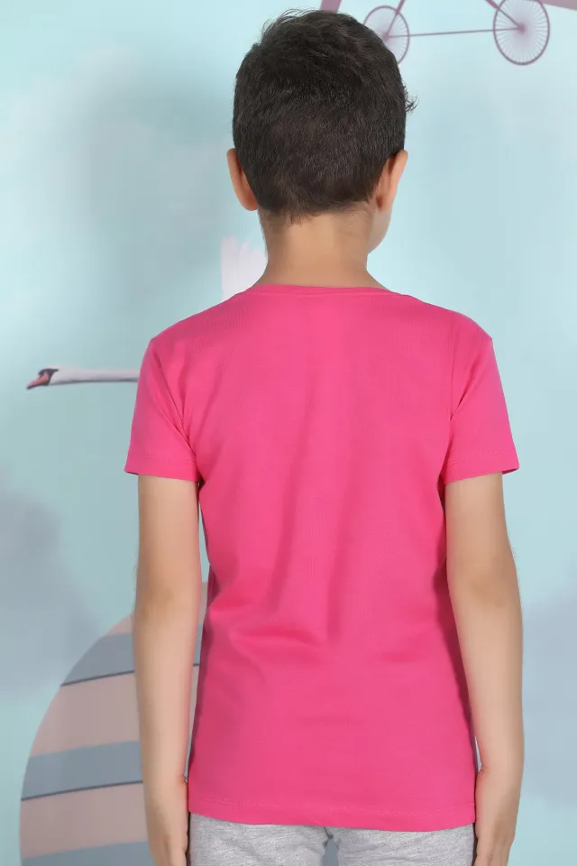 Erkek Çocuk Likralı Ön Baskılı T-shirt Fuşya