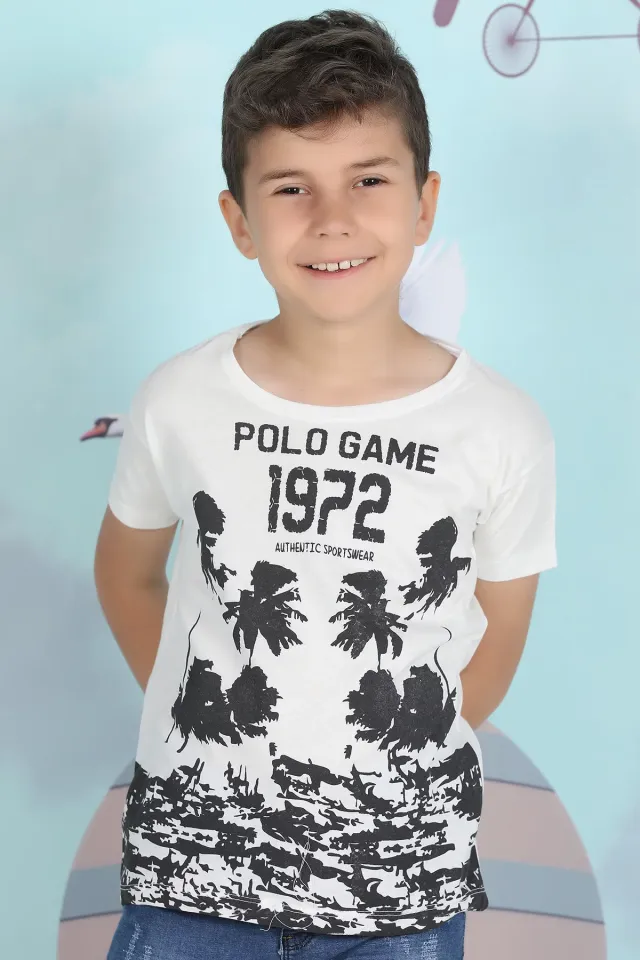 Erkek Çocuk Likralı Ön Baskılı T-shirt Ekru