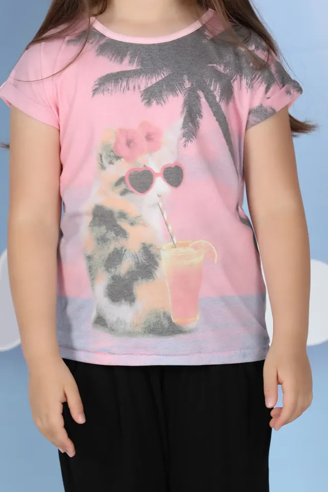 Ön Baskılı Kız Çocuk T-shirt Pembe