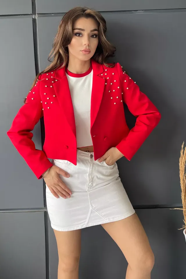 Ön Düğme Detaylı Taş İşlemeli Kadın Kısa Blazer Ceket Kırmızı
