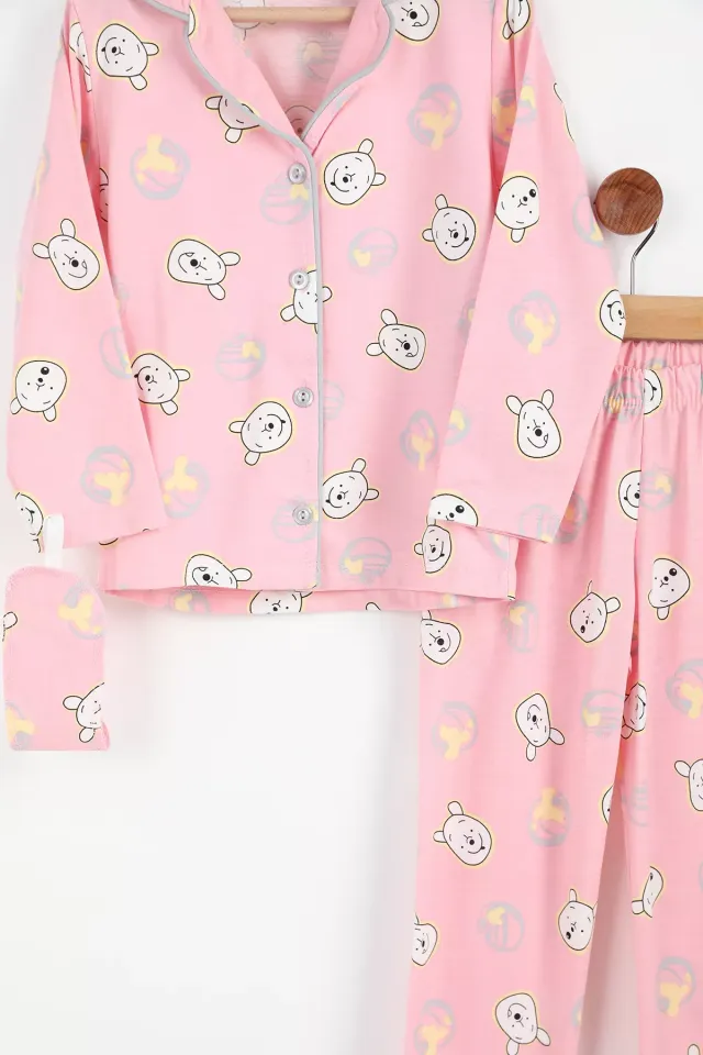 Ön Düğmeli Baskılı Kız Çocuk Pijama Takımı Pembe