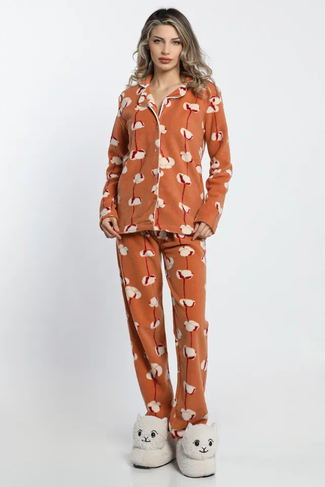 Ön Düğmeli Desenli Kadın Kışlık Polar Pijama Takımı Camel