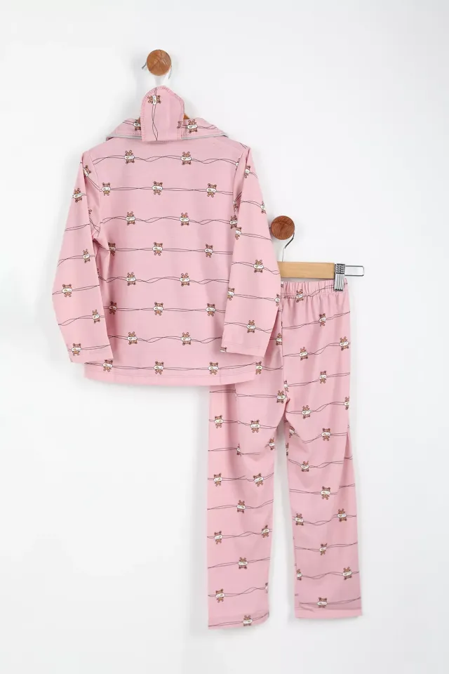 Ön Düğmeli Yakalı Kız Çocuk Desenli Pijama Takımı Pembe