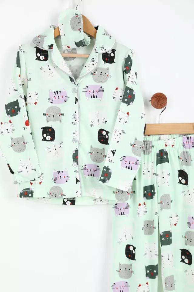 Ön Düğmeli Yakalı Kız Çocuk Desenli Pijama Takımı Mint