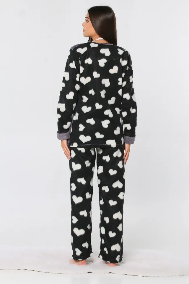 Love Baskılı Ön Işlemeli Polar Kadın Pijama Takımı Füme
