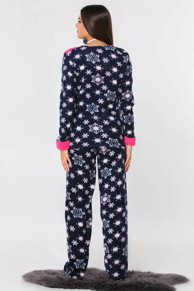 Ön Işlemeli Star Baskılı Polar Kadın Pijama Takımı Fuşya