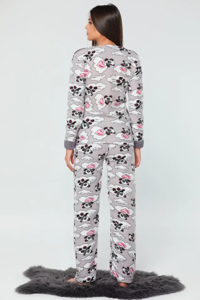 Good Night Baskılı Kadın Polar Pijama Takımı Füme