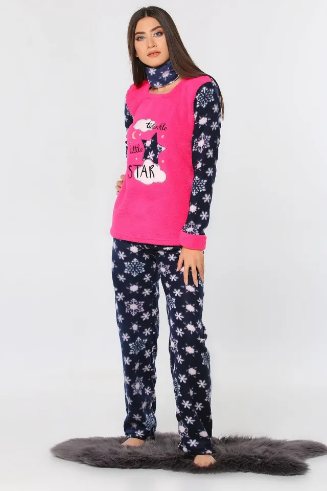 Ön Işlemeli Star Baskılı Polar Kadın Pijama Takımı Fuşya