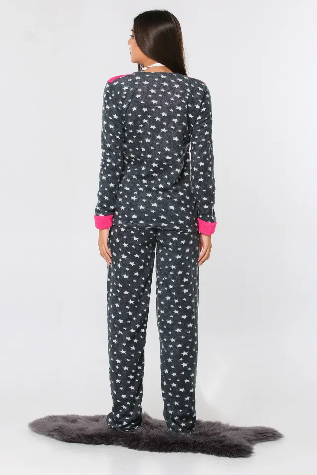 Yıldız Baskılı Ön Işlemeli Polar Kadın Pijama Takımı Fuşya