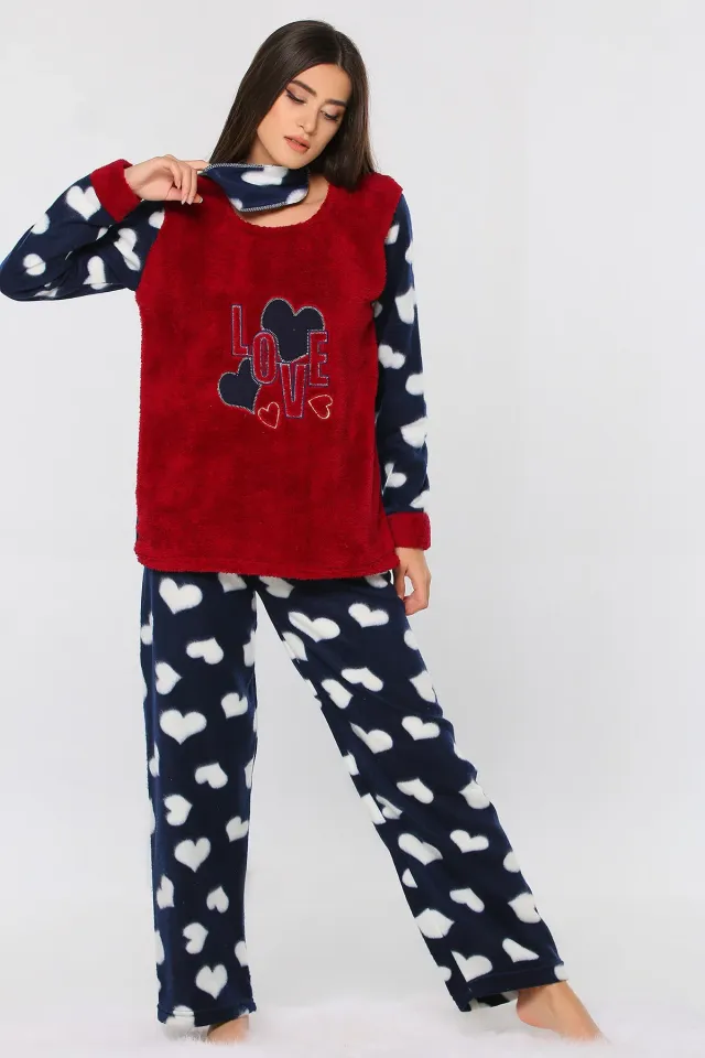 Love Baskılı Ön Işlemeli Polar Kadın Pijama Takımı Bordo