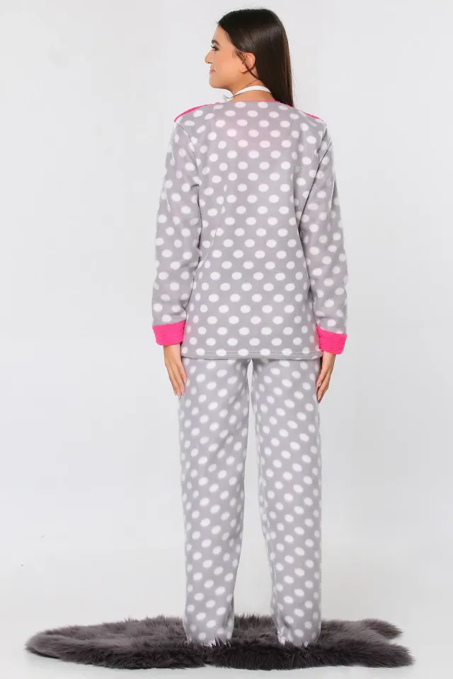 Ön Işlemeli Puantiyeli Polar Kadın Pijama Takımı Fuşya