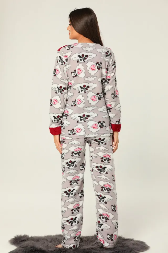 Panda Desenli Kadın Polar Pijama Takımı Bordo