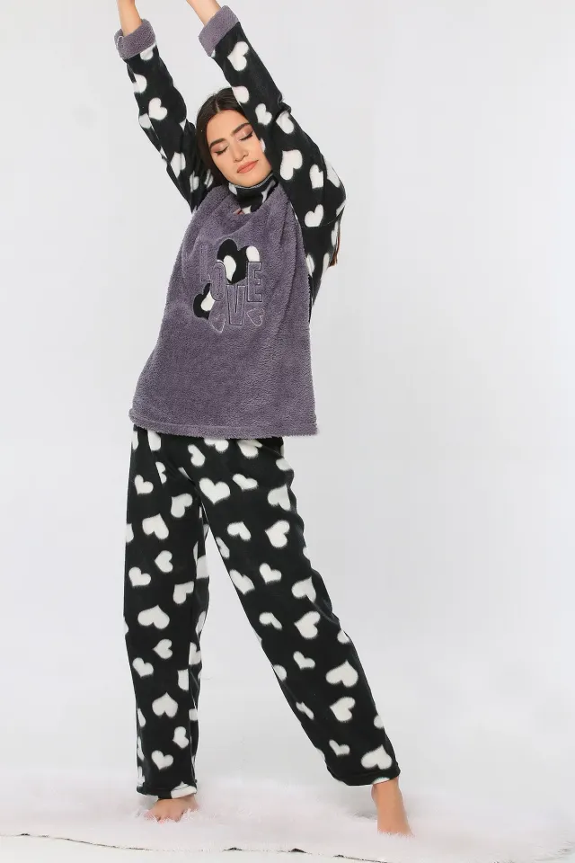 Love Baskılı Ön Işlemeli Polar Kadın Pijama Takımı Füme