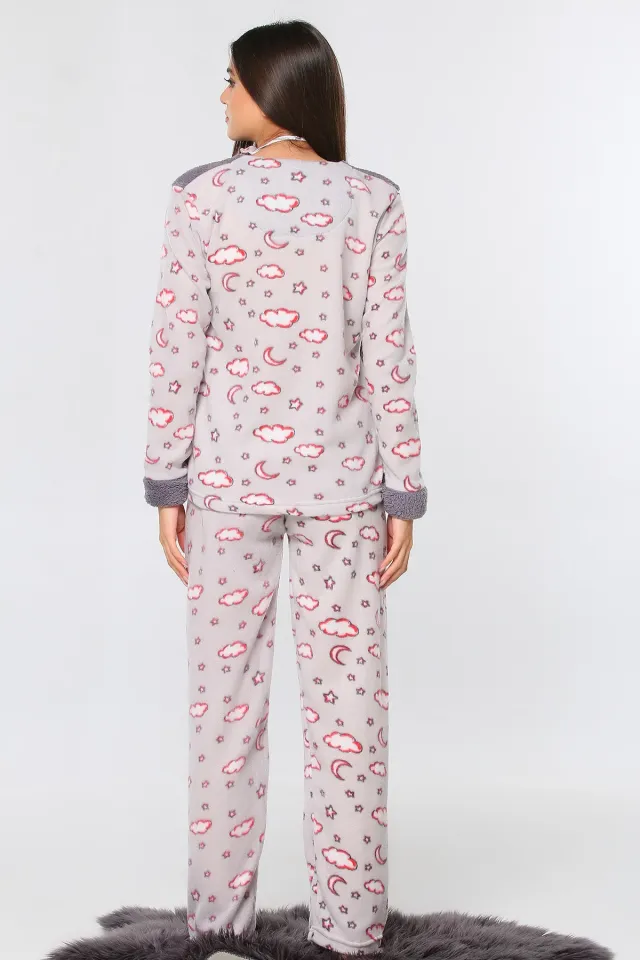 Ön Işlemeli Star Baskılı Polar Kadın Pijama Takımı Füme