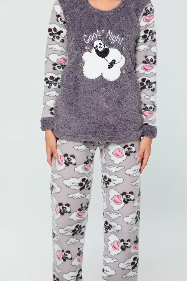 Good Night Baskılı Kadın Polar Pijama Takımı Füme