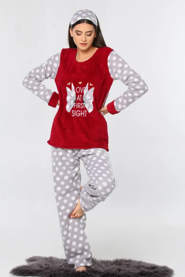 Ön Işlemeli Kelebek Desenli Polar Kadın Pijama Takımı Bordo