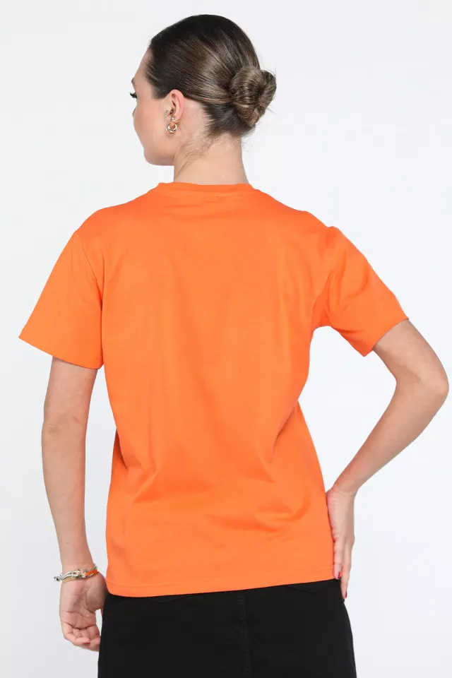 Ön Nakış Detaylı Bisiklet Yaka Kadın Oversize Tişört Orange