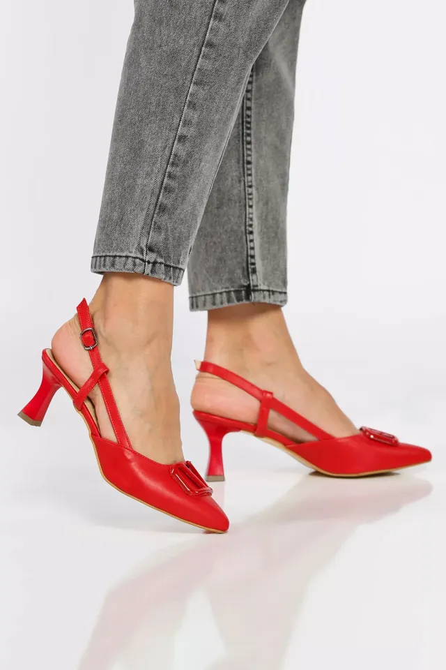 Ön Tokalı Kemerli Kadın Stiletto Topuklu Ayakkabı Kırmızı