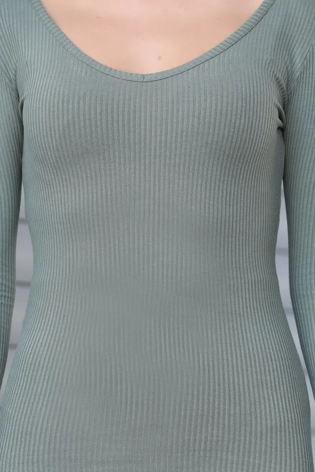 Ön Ve Sırt V Yaka Detaylı Uzun Kollu Kadın Bluz Açık Haki