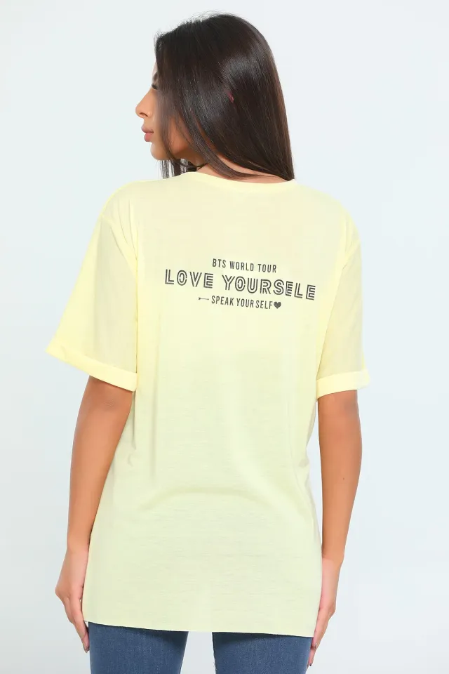 Önü Kalp Arkası Love Baskılı Duble Kol Kadın T-shirt Sarısiyahlı