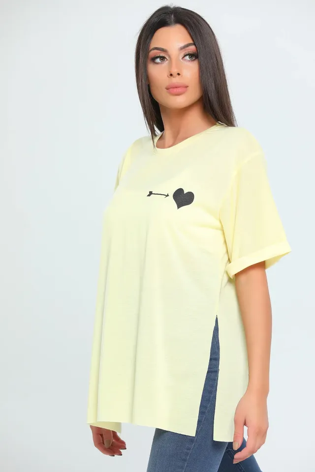 Önü Kalp Arkası Love Baskılı Duble Kol Kadın T-shirt Sarısiyahlı