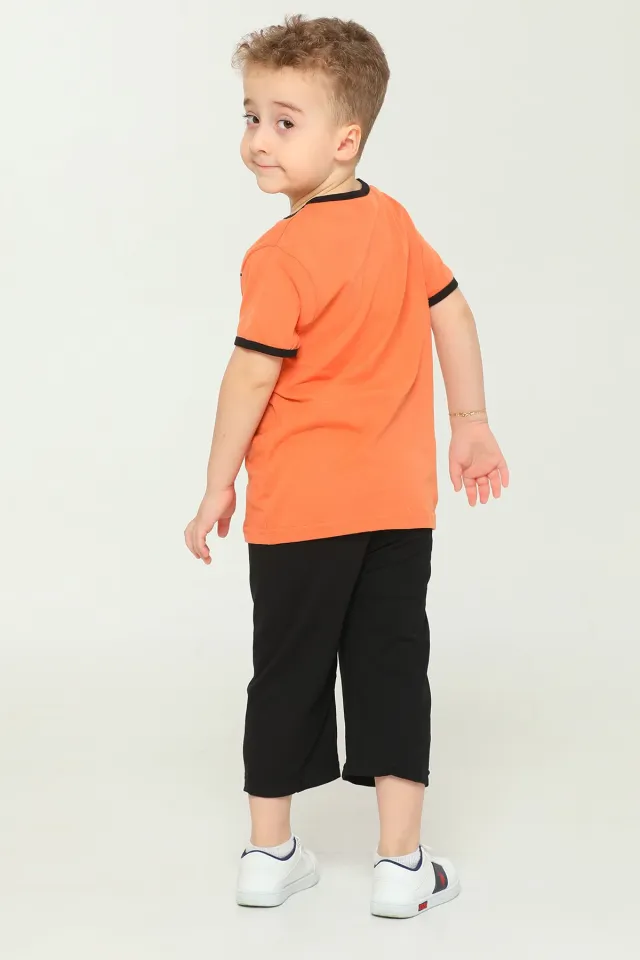 Erkek Çocuk Bisiklet Yaka Baskılı T-shirt Kapri İkili Takım Orange