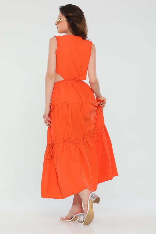 Kadın Bel Dekolteli Eteği Bağcık Detaylı Sıfır Kol Yazlık Elbise Orange