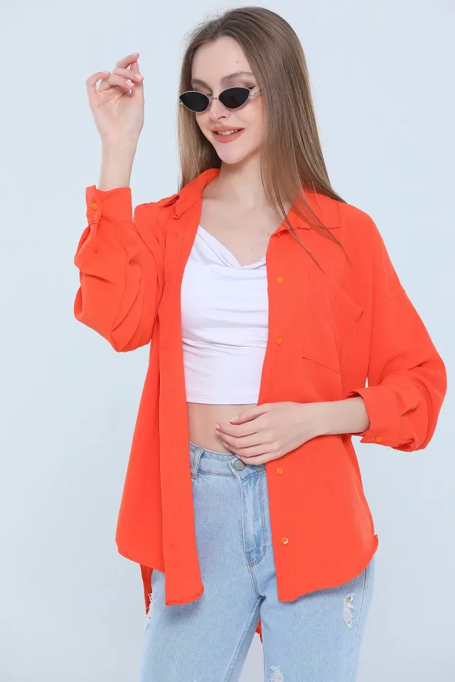 Kadın Cepli Salaş Ayrobin Gömlek Orange