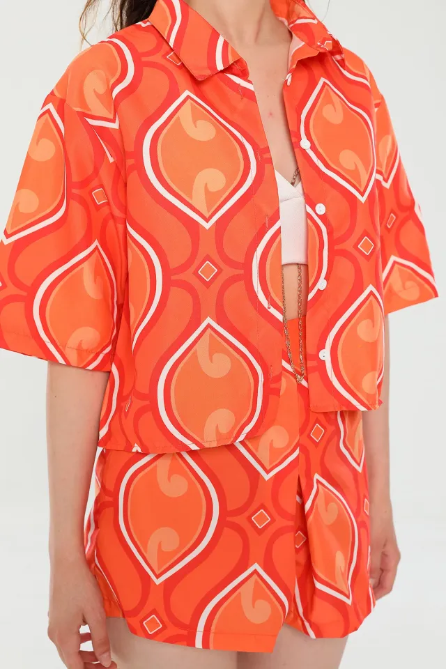 Kadın Desenli Gömlek Yüksek Bel Şort İkili Takım Orange